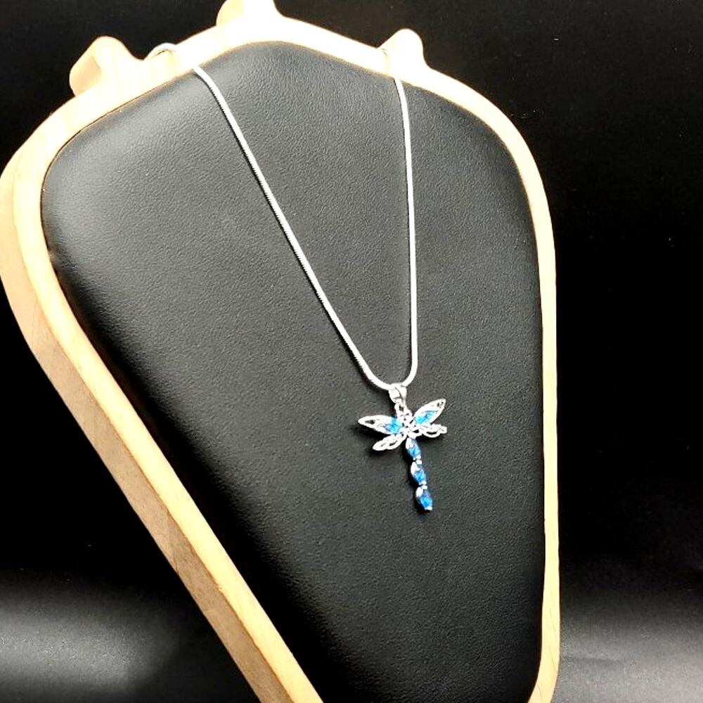 925 Sterling Silver Necklace w/ Dragonfly CZ Blue Auquamarine Women's Valentines